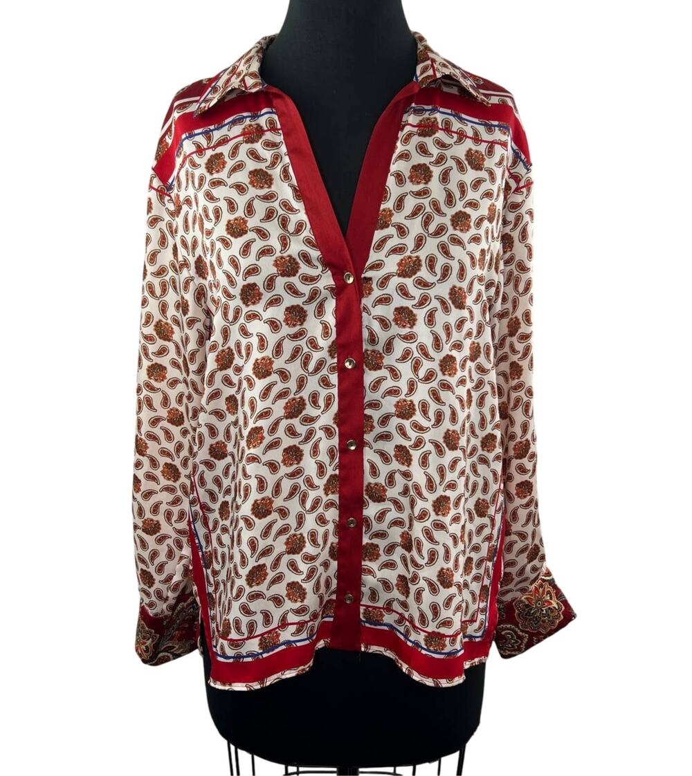 ZARA White Red Paisley Print Long Sleeve Button Down Collared Satin Shirt Sz L